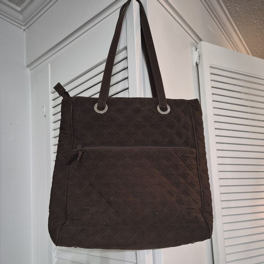 Vera Bradley Large Quilted Microfi Shoulder Bag Tote Chocolate Brown Multipocket